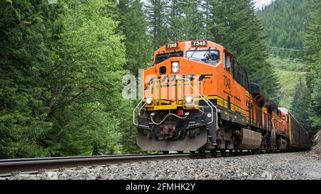 Skykomish, WA, USA - 24. Mai 2016; BNSF-Güterzug transportiert Autoablagen auf der Scenic Subdivision in den Cascade Mountains des Staates Washington Stockfoto