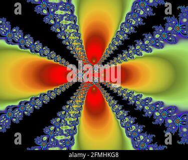 Mandelbrot-Fraktalbild, digitale Kunst, farbenfrohes Konzept, künstlerische Symmetrie, farbenfrohe geometrische Kunst Stockfoto