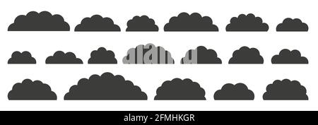 Schwarzes, flaches Vektorwolkenset. Wolken Cartoon-Symbole auf weißem Hintergrund für Website-Design, Logo, App. Bubble Icon Kollektion für Infografik-Design. Etiketten und Aufkleber Stock Vektor
