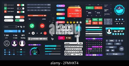 Vorlagenelemente UI, UX, KIT für Web, App und Dashboard. Universelle Benutzeroberfläche für Web-Design oder Handy-Anwendungen. Vector Set - Schalter Stock Vektor
