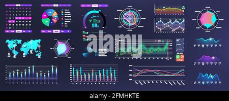 Moderne Neon UI-, UX- und KIT-Elemente lassen sich mit Diagrammen, Grafiken und Infografiken verbinden. Bildschirm für Netzwerkverwaltungsdaten mit Diagrammen und HUD-Diagrammen Stock Vektor