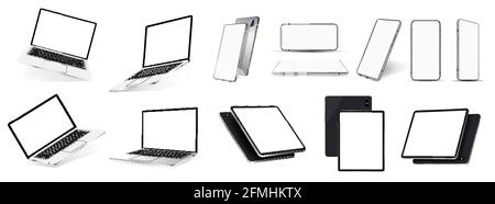 Realistische Gadgets und Geräte Mockups - 3D realistische Smartphones, Tablets und Laptops in einer Vielzahl von Winkeln. Isometrisch, frontal, perspektivisch. Gadgets Stock Vektor
