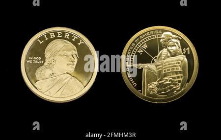 Die Native American Lever1 Coin aus dem Jahr 2014 erinnert daran, wie die Gastfreundschaft der Indianer den Erfolg der Lewis and Clark Expedition sicherte. Die umgekehrte Richtung Stockfoto