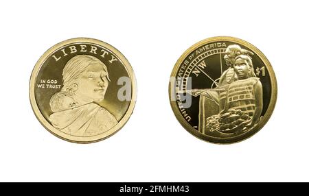 Die Native American Lever1 Coin aus dem Jahr 2014 erinnert daran, wie die Gastfreundschaft der Indianer den Erfolg der Lewis and Clark Expedition sicherte. Die umgekehrte Richtung Stockfoto