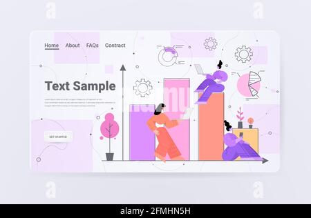 Geschäftsfrauen analysieren Diagramme und Grafiken Datenanalyse Prozess Planung Unternehmen Strategiekonzept horizontal Stock Vektor