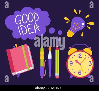 Schreibwaren handgezeichnete Zeichentrickserie. Back to School, Notizblock, Buch, Skizzenbuch, Lesebrille, Wecker. Lernschule flache Kollektion. Erster Tag Schule, Sprechblase Bildung Konzept Vektor Stock Vektor