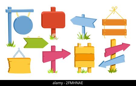 Hölzerne Schilder farbigen leeren Plakatwand Cartoon-Set. Pfeilzeiger für ländliche Räume. Leere verschiedene Formen Planken Tablet Vintage oder alte Retro-Banner. Handgezeichneter Wegweiser, rustikale Schilder Vektorgrafik Stock Vektor