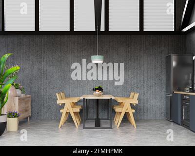 Innenraum der geräumigen Küche mit Betonwand.3d-Rendering Stockfoto
