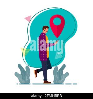 Mann mit GPS-Anwendung Vektor-Illustration in flachem Stil Stock Vektor