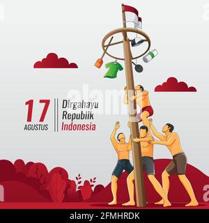 Indonesische Unabhängigkeit Grußkarte mit Leuten, die Pole Climbing spielen Stock Vektor