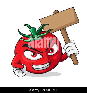 Wütend Tomate Charakter hält Holz Schild Abbildung Stock Vektor
