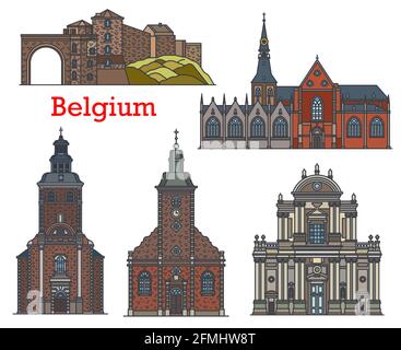 Belgische Wahrzeichen, Kirchen und Kathedralen von Namur, Stavelot und Hasselt, Vektorarchitektur. Belgien berühmte Wahrzeichen der St. Sebastian Kirche in Stock Vektor