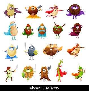 Nuss-, Samen- und Bohne-Superhelden-Cartoon-Figuren. Vector Walnuss, Mandel, Erdnuss und Haselnuss, Pistazie, Kokosnuss, Cashew, Kaffee und Pecan, Sonnenblume A Stock Vektor