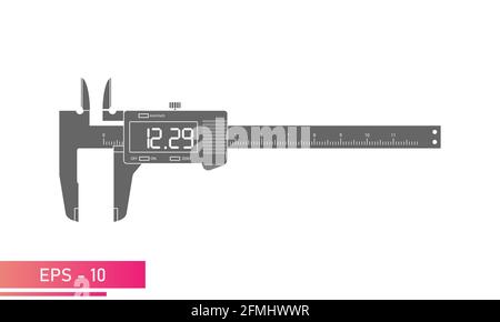 Digitaler Messschieber mit Anzeige und numerischer Skala in einfarbiger Ausführung. Tools für technische Spezialisten. Flache Vektorgrafik. Stock Vektor