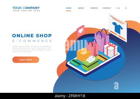 Modern Isometric E-Commerce Web Landing Page Header Vector Stock Vektor