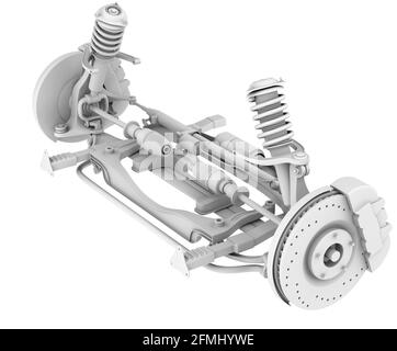 Tonwiedergabe von Autoaufhängung und Scheibenbremse isoliert auf weißem Hintergrund. 3D-Rendering-Bild. Stockfoto