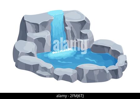 Wasserfall Kaskade mit Steinen, See im Cartoon-Stil isoliert auf weißem Hintergrund. Clip Art Komposition, Naturkulisse. Vektorgrafik Stock Vektor