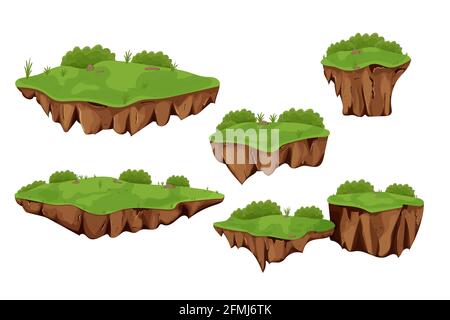 Set Flying Islands mit Boden und Gras isoliert auf weißem Hintergrund, detailliert im Cartoon-Stil. UI-Spielelemente, Hintergrund für Standort, Element. Fa Stock Vektor