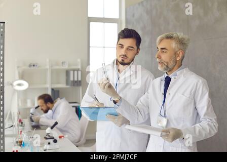 Wissenschaftler in weißen Laborkittel und -Handschuhen, die an einem arbeiten Neue wirksame Medikamente zusammen Stockfoto