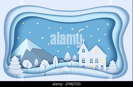 Berglandschaft im Papierschnitt-Stil. 3d-Papier geschnitten Kirche mit Nacht Sternenhimmel, Shooting Star für Konzept-Design. Frohe weihnachtskarte Stock Vektor