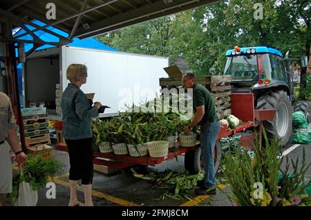 Ein Landwirt verkauft Mais auf dem Kohlenstück direkt von seinem Anhängerstand auf dem Bauernmarkt in St. Antoine, Montreal, Quebec, August 2007 Stockfoto