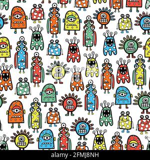 Nahtloses Muster niedliche Monster und Aliens. Lustige Kinder Repeating Vektor Hintergrund Färbung Buch Stil mit lustigen Zeichen für Stoff-Design Stock Vektor