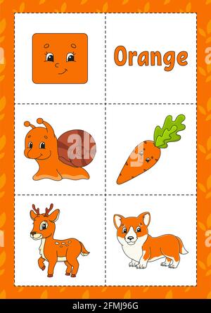 Farben lernen. Flashcard für Kinder. Niedliche Comic-Figuren. Bildset für Vorschulkinder. Arbeitsblatt zum Bildungswesen. Vektorgrafik. Stock Vektor