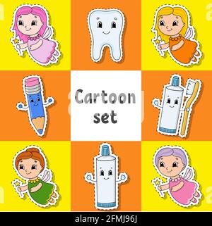 Set von Aufklebern mit niedlichen Comic-Figuren. Zahnklingel. Von Hand gezeichnet. Bunte Packung. Vektorgrafik. Patch Badges Kollektion. Etikettendesign el Stock Vektor