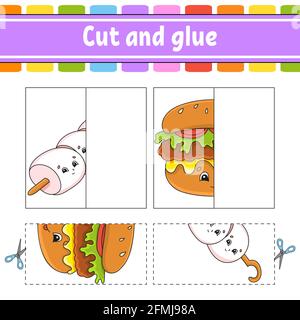 Schneiden und spielen. Papier Spiel mit Kleber. Flash-Karten. Arbeitsblatt zum Bildungswesen. Aktivitätsseite. Witziger Charakter. Isolierte Vektordarstellung. Cartoon-Stil. Stock Vektor