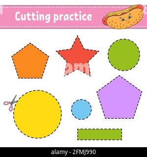 Schnittübung für Kinder. Arbeitsblatt zur Entwicklung von Schulungen. Aktivitätsseite mit Bildern. Farbspiel für Kinder. Isolierte Vektorgrafiken. Lustig c Stock Vektor