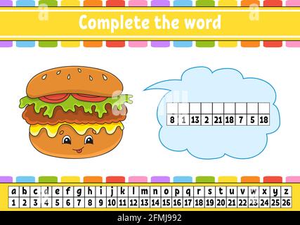 Vervollständigen Sie die Worte. Chiffriercode. Vokabeln und Zahlen lernen. Arbeitsblatt zum Bildungswesen. Aktivitätsseite für die Studie Englisch. Isolierte Vektordarstellung. Stock Vektor