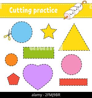 Schnittübung für Kinder. Arbeitsblatt zur Entwicklung von Schulungen. Aktivitätsseite mit Bildern. Farbspiel für Kinder. Isolierte Vektorgrafiken. Lustig c Stock Vektor