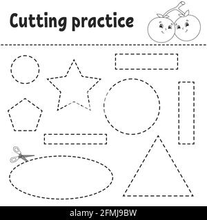 Schneideübung für Kinder. Arbeitsblatt zur Entwicklung von Schulungen. Aktivitätsseite mit Bildern. Spiel für Kinder. Isolierte Vektordarstellung. Komischer Charakter Stock Vektor