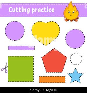 Schnittübung für Kinder. Arbeitsblatt zur Entwicklung von Schulungen. Aktivitätsseite mit Bildern. Farbspiel für Kinder. Isolierte Vektorgrafiken. Lustig c Stock Vektor