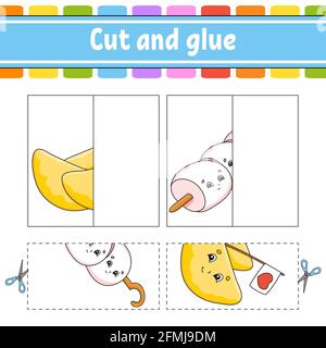 Schneiden und spielen. Papier Spiel mit Kleber. Flash-Karten. Arbeitsblatt zum Bildungswesen. Aktivitätsseite. Witziger Charakter. Isolierte Vektordarstellung. Cartoon-Stil. Stock Vektor