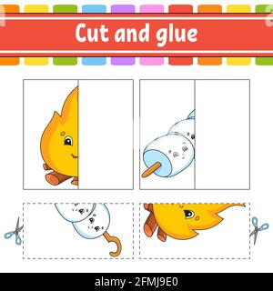 Schneiden und spielen. Papier Spiel mit Kleber. Flash-Karten. Arbeitsblatt zum Bildungswesen. Aktivitätsseite. Witziger Charakter. Isolierte Vektordarstellung. Cartoon-Stil. Stock Vektor