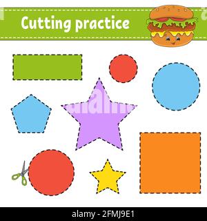 Schnittübung für Kinder. Arbeitsblatt zur Entwicklung von Schulungen. Aktivitätsseite mit Bildern. Farbspiel für Kinder. Isolierte Vektorgrafiken. Lustig c Stock Vektor