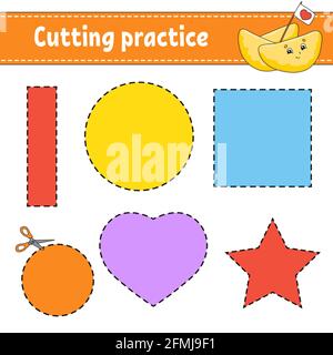 Schnittübung für Kinder. Arbeitsblatt zur Entwicklung von Schulungen. Aktivitätsseite mit Bildern. Farbspiel für Kinder. Isolierte Vektorgrafiken. Lustig c Stock Vektor