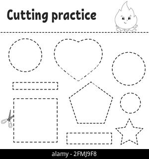 Schneideübung für Kinder. Arbeitsblatt zur Entwicklung von Schulungen. Aktivitätsseite mit Bildern. Spiel für Kinder. Isolierte Vektordarstellung. Komischer Charakter Stock Vektor