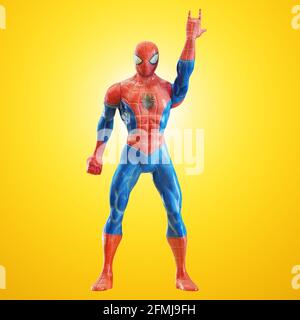 Spielzeug Spiderman mit der Hand angehoben zeigt Rock and Roll Zeichen auf isoliertem Hintergrund. 3d-Rendering Stockfoto