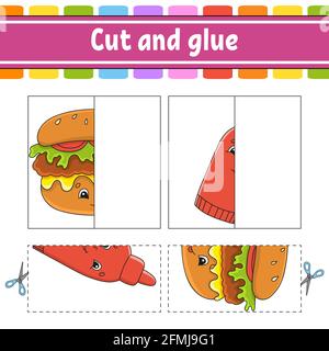Schneiden und spielen. Papier Spiel mit Kleber. Flash-Karten. Arbeitsblatt zum Bildungswesen. Aktivitätsseite. Witziger Charakter. Isolierte Vektordarstellung. Cartoon-Stil. Stock Vektor