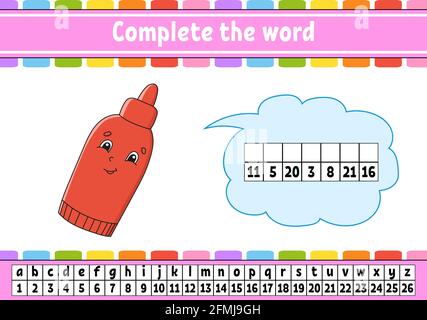 Vervollständigen Sie die Worte. Chiffriercode. Vokabeln und Zahlen lernen. Arbeitsblatt zum Bildungswesen. Aktivitätsseite für die Studie Englisch. Isolierte Vektordarstellung. Stock Vektor