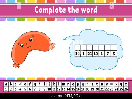 Vervollständigen Sie die Worte. Chiffriercode. Vokabeln und Zahlen lernen. Arbeitsblatt zum Bildungswesen. Aktivitätsseite für die Studie Englisch. Isolierte Vektordarstellung. Stock Vektor