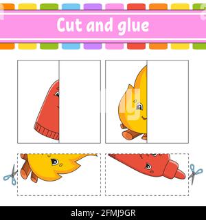 Schneiden und spielen. Papier Spiel mit Kleber. Flash-Karten. Arbeitsblatt zum Bildungswesen. Aktivitätsseite. Witziger Charakter. Isolierte Vektordarstellung. Cartoon-Stil. Stock Vektor