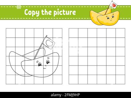 Kopieren Sie das Bild. Malbuch-Seiten für Kinder. Arbeitsblatt zur Entwicklung von Schulungen. Spiel für Kinder. Handschriftverfahren. Zeichentrickfigur. Stock Vektor