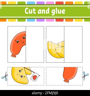 Schneiden und spielen. Papier Spiel mit Kleber. Flash-Karten. Arbeitsblatt zum Bildungswesen. Aktivitätsseite. Witziger Charakter. Isolierte Vektordarstellung. Cartoon-Stil. Stock Vektor