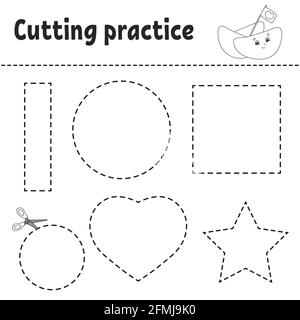 Schneideübung für Kinder. Arbeitsblatt zur Entwicklung von Schulungen. Aktivitätsseite mit Bildern. Spiel für Kinder. Isolierte Vektordarstellung. Komischer Charakter Stock Vektor