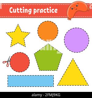 Schnittübung für Kinder. Arbeitsblatt zur Entwicklung von Schulungen. Aktivitätsseite mit Bildern. Farbspiel für Kinder. Isolierte Vektorgrafiken. Lustig c Stock Vektor