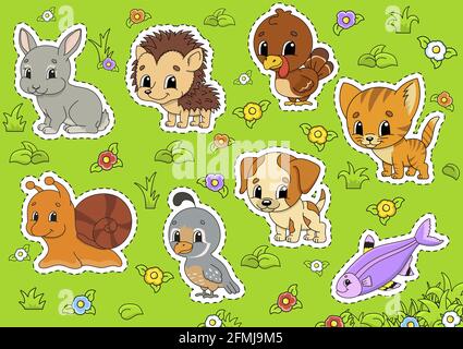 Set Tiere. Niedliche Comic-Figuren. PET-Clipart. Von Hand gezeichnet. Bunte Packung. Vektorgrafik. Patch Badges Kollektion. Designelemente kennzeichnen. Für Stock Vektor