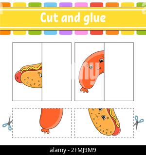 Schneiden und spielen. Papier Spiel mit Kleber. Flash-Karten. Arbeitsblatt zum Bildungswesen. Aktivitätsseite. Witziger Charakter. Isolierte Vektordarstellung. Cartoon-Stil. Stock Vektor